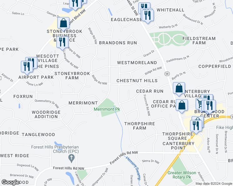 map of restaurants, bars, coffee shops, grocery stores, and more near 2409 Canal Drive Northwest in Wilson