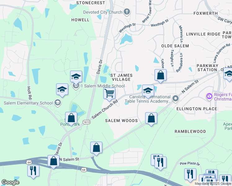 map of restaurants, bars, coffee shops, grocery stores, and more near 1706 Brashear Court in Apex