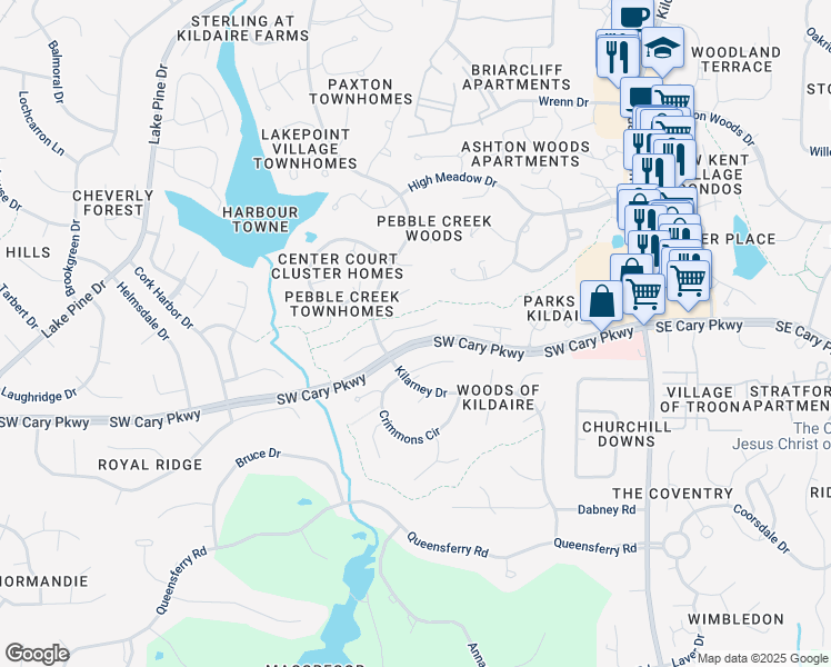 map of restaurants, bars, coffee shops, grocery stores, and more near 121 Carmichael Court in Cary
