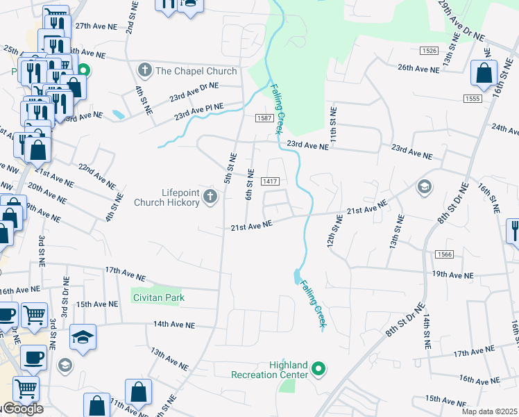 map of restaurants, bars, coffee shops, grocery stores, and more near 727 21st Avenue Northeast in Hickory