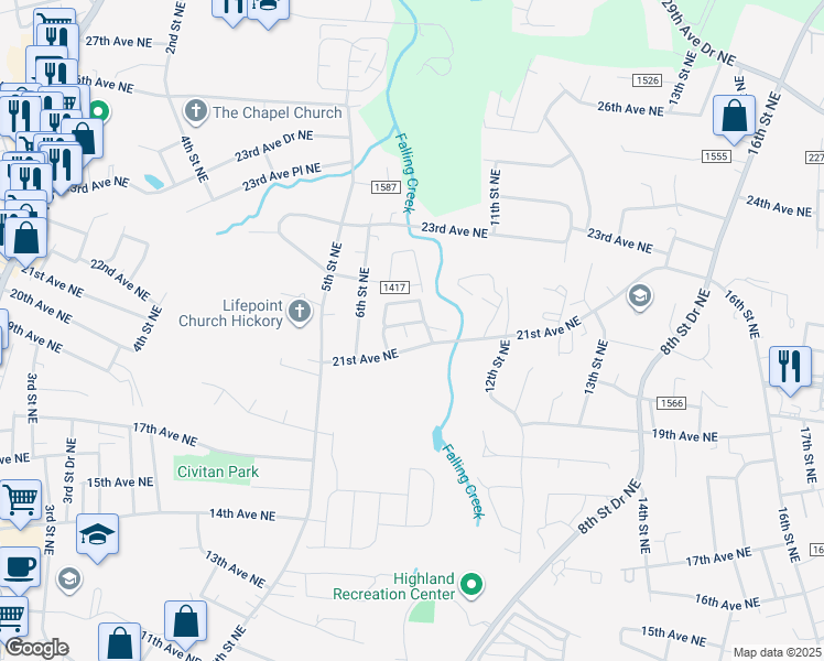 map of restaurants, bars, coffee shops, grocery stores, and more near 905 21st Avenue Northeast in Hickory