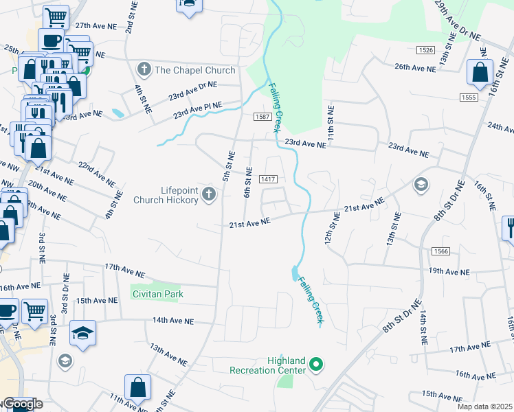 map of restaurants, bars, coffee shops, grocery stores, and more near 727 21st Avenue Northeast in Hickory