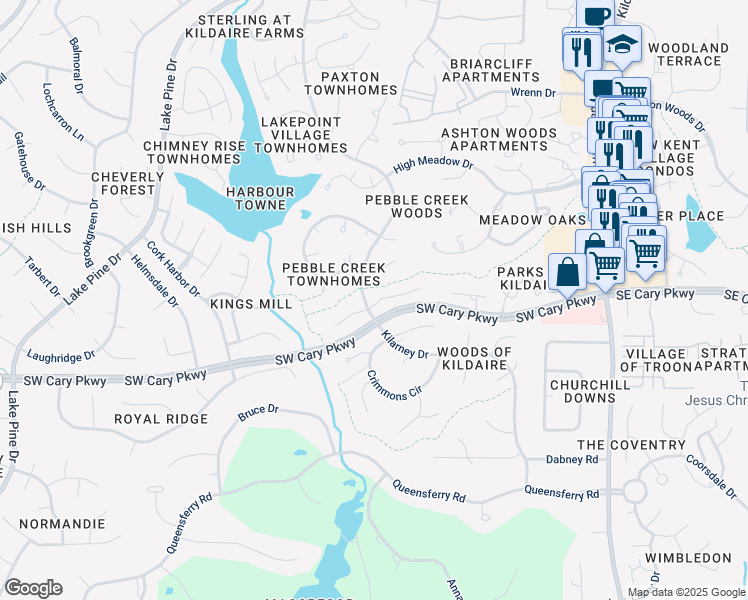 map of restaurants, bars, coffee shops, grocery stores, and more near 103 Bonnell Court in Cary