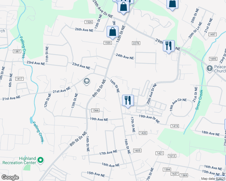 map of restaurants, bars, coffee shops, grocery stores, and more near 2013 16th Street Northeast in Hickory