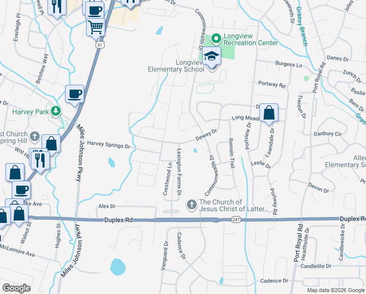 map of restaurants, bars, coffee shops, grocery stores, and more near 2000 Lexington Farms Lane in Spring Hill