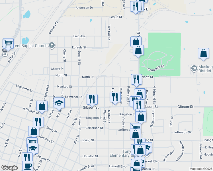 map of restaurants, bars, coffee shops, grocery stores, and more near 1223 Live Oak Street in Muskogee