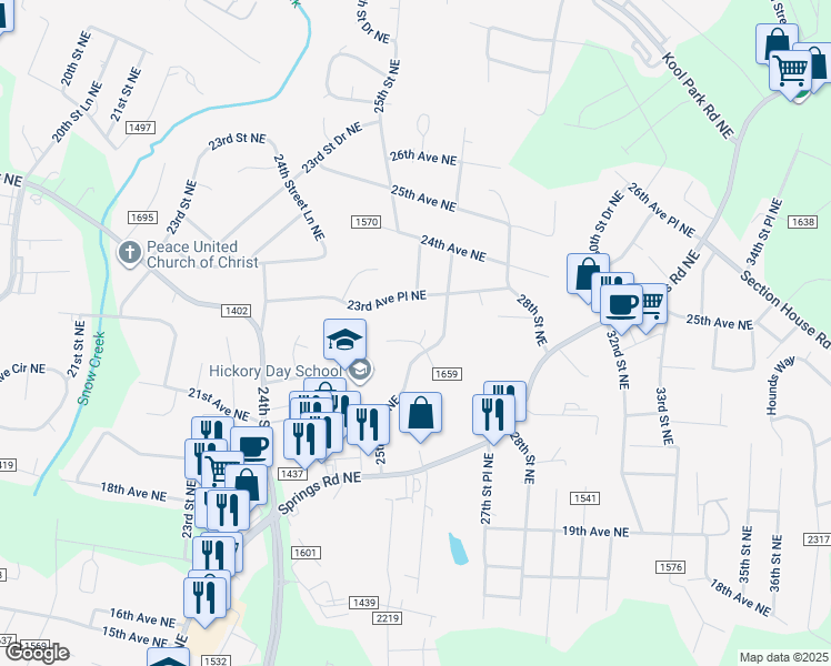 map of restaurants, bars, coffee shops, grocery stores, and more near 2585 23rd Avenue Northeast in Hickory
