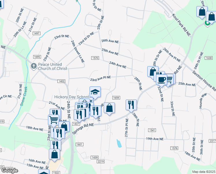map of restaurants, bars, coffee shops, grocery stores, and more near 2585 23rd Avenue Northeast in Hickory