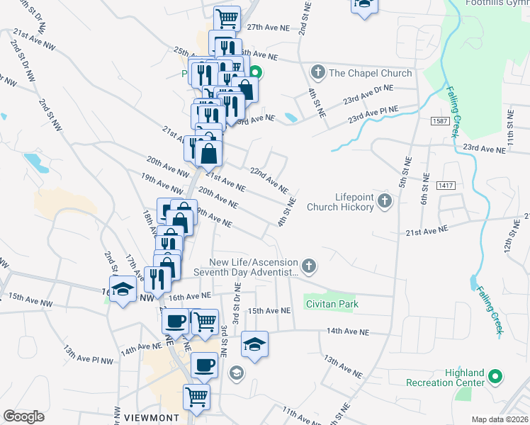 map of restaurants, bars, coffee shops, grocery stores, and more near 1950 4th Street Northeast in Hickory