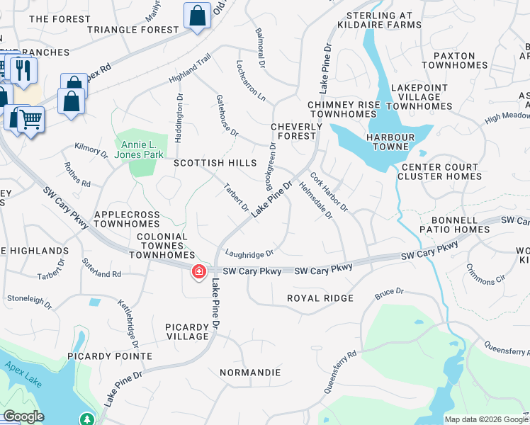 map of restaurants, bars, coffee shops, grocery stores, and more near 1409 Lake Pine Drive in Cary