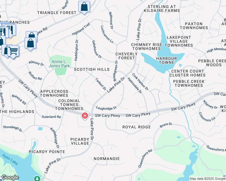 map of restaurants, bars, coffee shops, grocery stores, and more near 1409 Lake Pine Drive in Cary