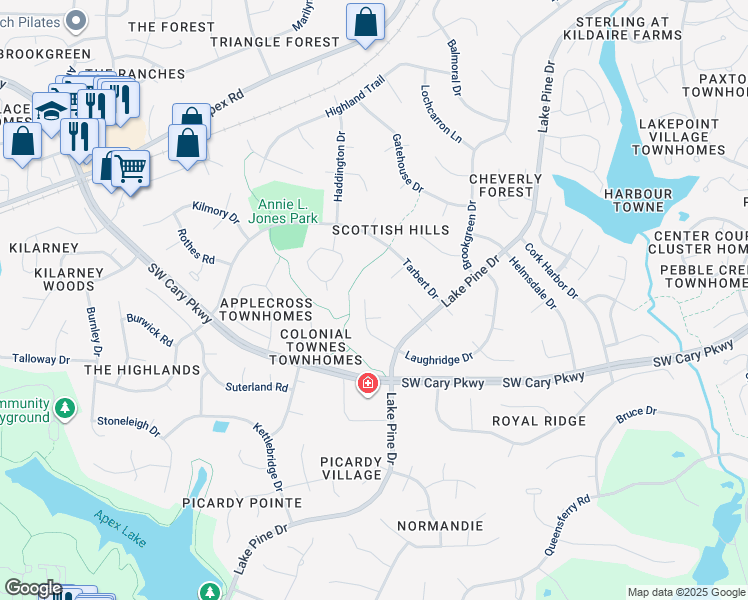 map of restaurants, bars, coffee shops, grocery stores, and more near 1702 Laughridge Drive in Cary