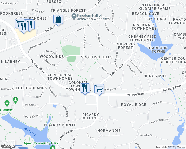 map of restaurants, bars, coffee shops, grocery stores, and more near 1702 Laughridge Drive in Cary