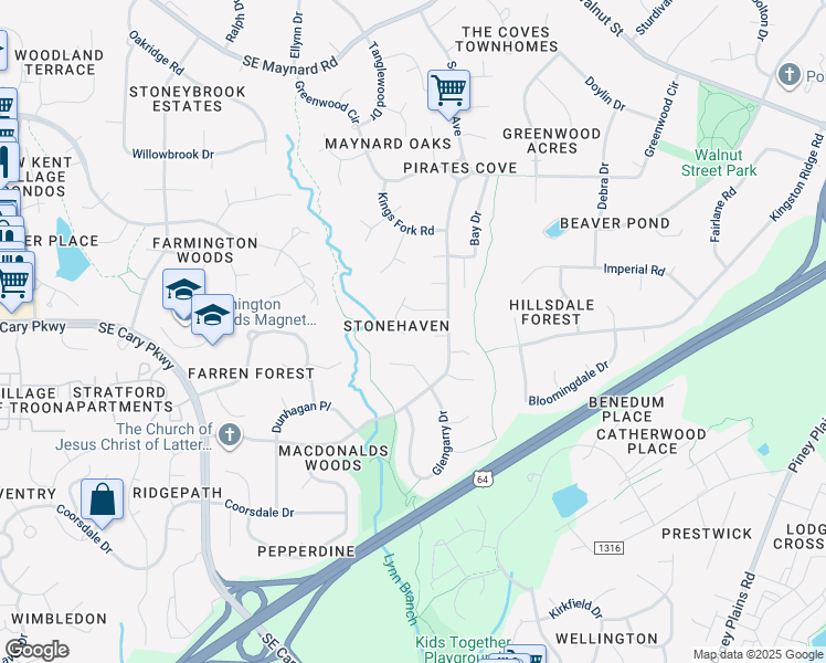 map of restaurants, bars, coffee shops, grocery stores, and more near 207 Shotts Court in Cary