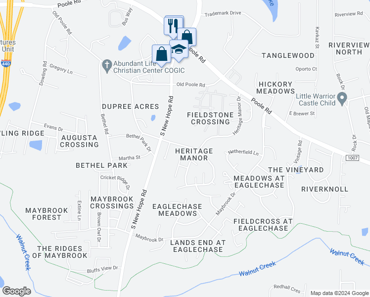 map of restaurants, bars, coffee shops, grocery stores, and more near 1530 Eva Mae Drive in Raleigh