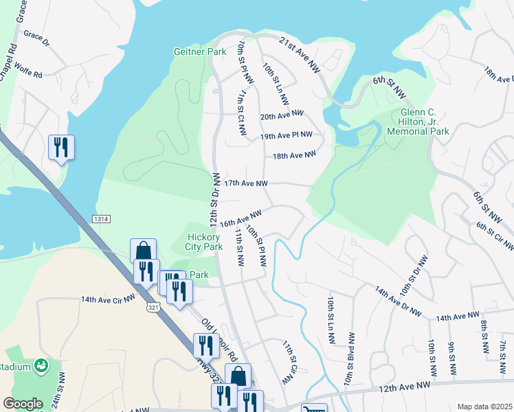 map of restaurants, bars, coffee shops, grocery stores, and more near 1082 16th Avenue Northwest in Hickory