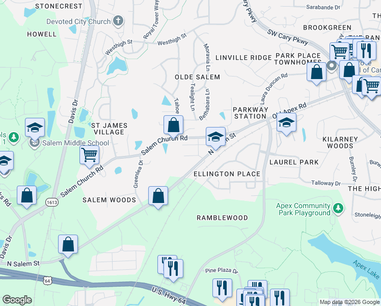 map of restaurants, bars, coffee shops, grocery stores, and more near 856 New Derby Lane in Apex