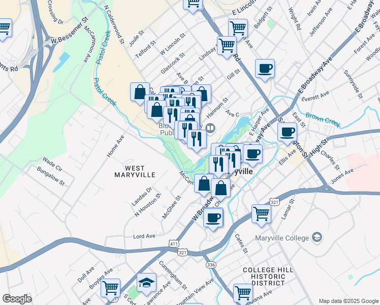 map of restaurants, bars, coffee shops, grocery stores, and more near 387 Hannum Street in Alcoa