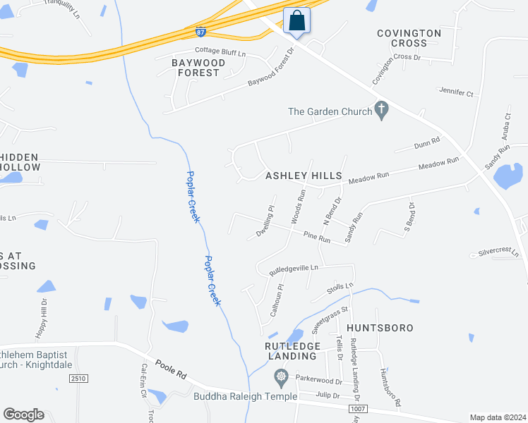 map of restaurants, bars, coffee shops, grocery stores, and more near 103 Dwelling Place in Knightdale
