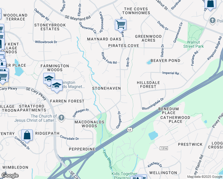 map of restaurants, bars, coffee shops, grocery stores, and more near 207 Shotts Court in Cary