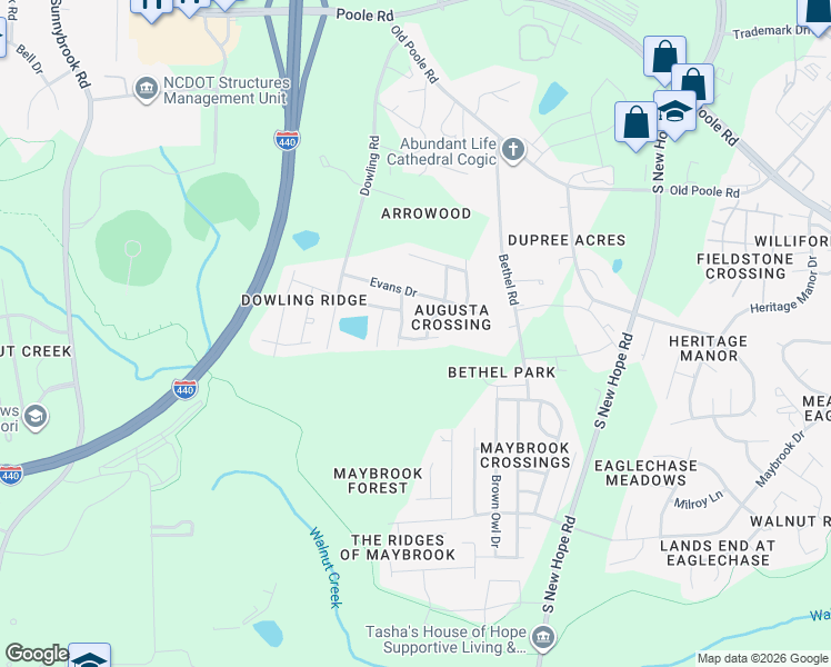 map of restaurants, bars, coffee shops, grocery stores, and more near 1517 Flowering Peach Trail in Raleigh