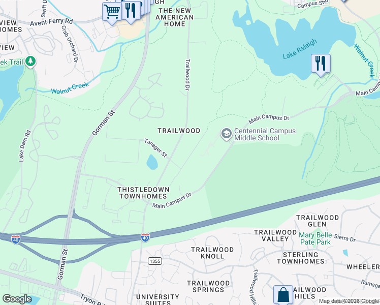 map of restaurants, bars, coffee shops, grocery stores, and more near 1600 Crump Road in Raleigh
