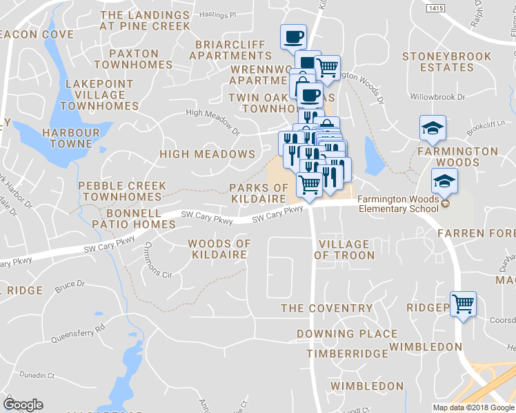 map of restaurants, bars, coffee shops, grocery stores, and more near 212 Clancy Circle in Cary