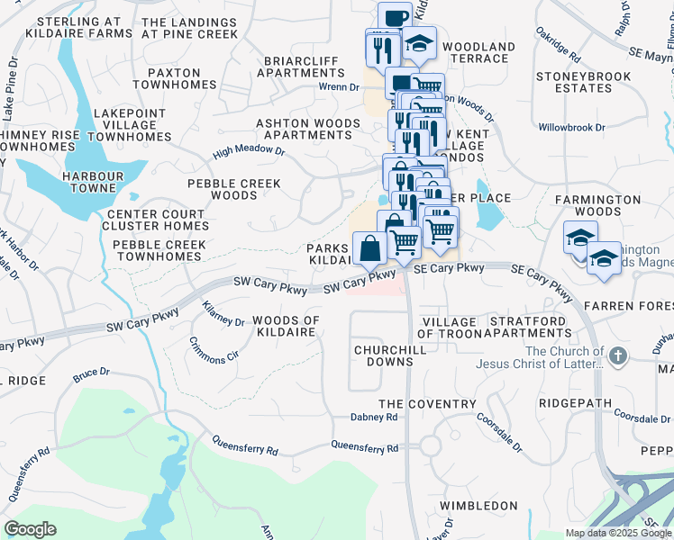 map of restaurants, bars, coffee shops, grocery stores, and more near 212 Clancy Circle in Cary