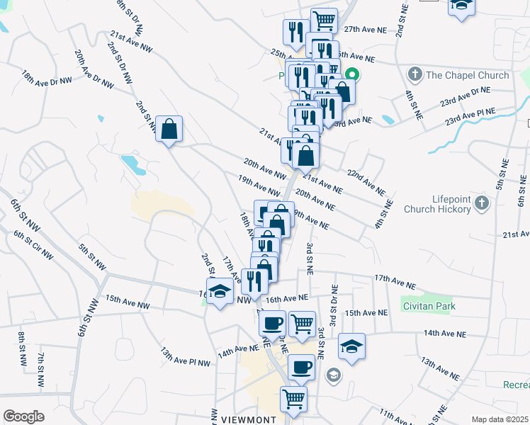 map of restaurants, bars, coffee shops, grocery stores, and more near 22 18th Avenue Drive Northwest in Hickory