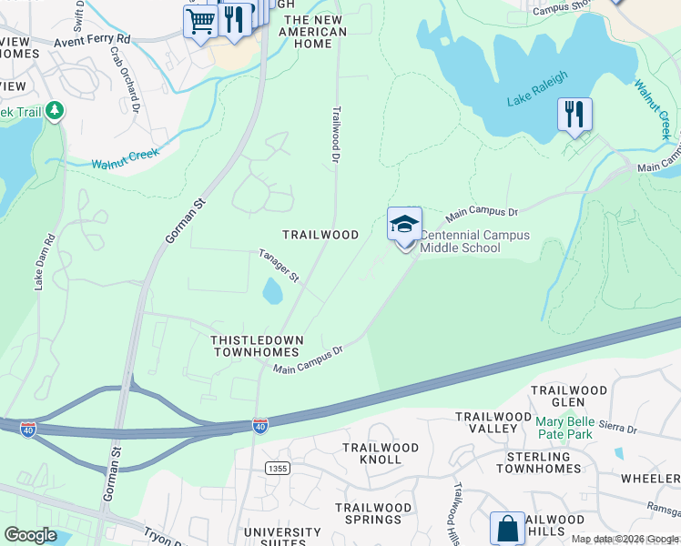 map of restaurants, bars, coffee shops, grocery stores, and more near 1600 Crump Road in Raleigh