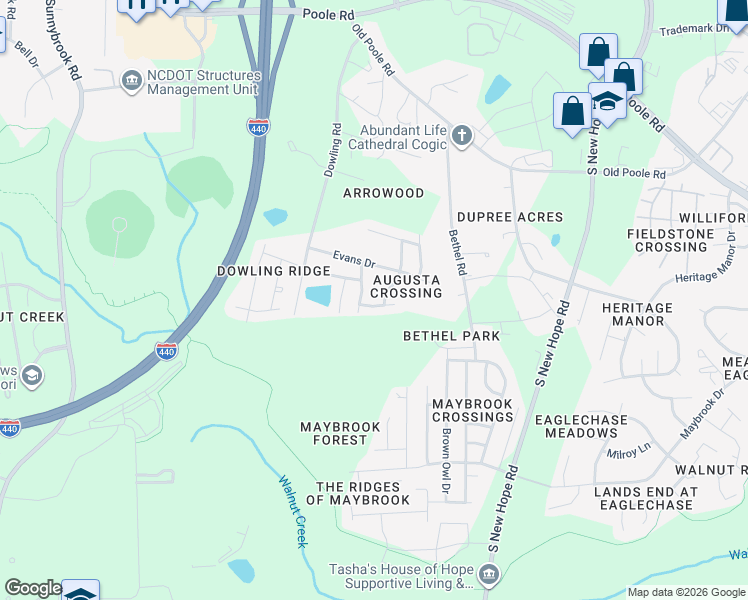 map of restaurants, bars, coffee shops, grocery stores, and more near 1517 Flowering Peach Trail in Raleigh