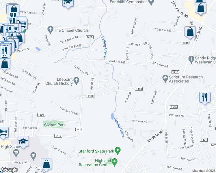 map of restaurants, bars, coffee shops, grocery stores, and more near 925 21st Avenue Northeast in Hickory