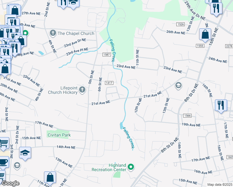 map of restaurants, bars, coffee shops, grocery stores, and more near 925 21st Avenue Northeast in Hickory