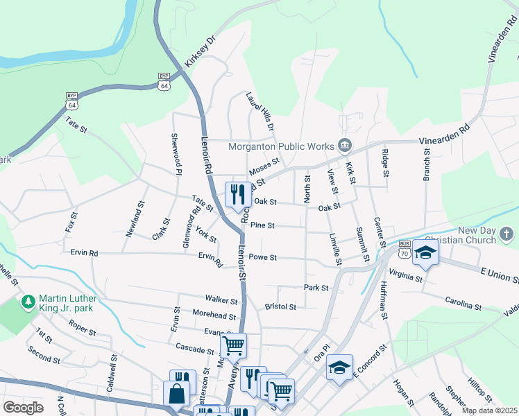 map of restaurants, bars, coffee shops, grocery stores, and more near 105 Oak Street in Morganton