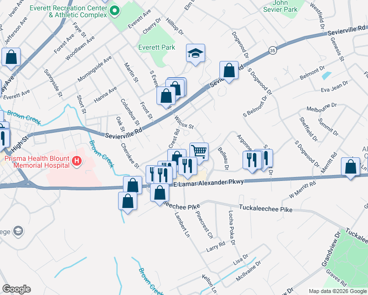 map of restaurants, bars, coffee shops, grocery stores, and more near 1716 Shetland Place in Maryville
