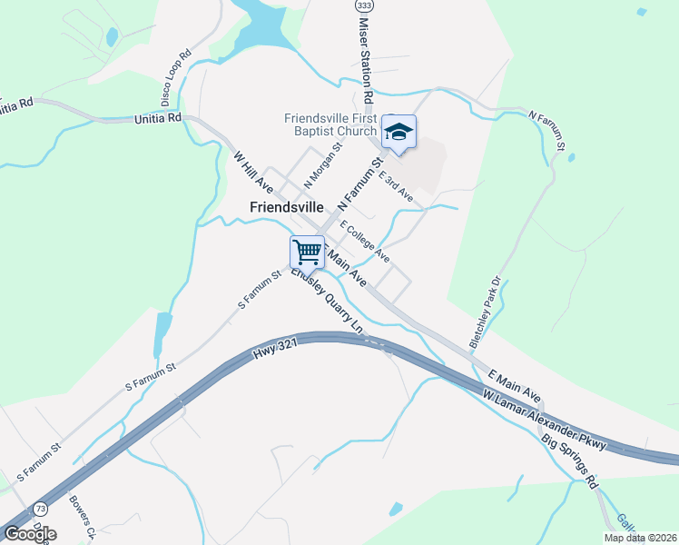 map of restaurants, bars, coffee shops, grocery stores, and more near 205 East Hill Avenue in Friendsville
