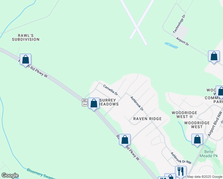 map of restaurants, bars, coffee shops, grocery stores, and more near 4310 Camellia Drive in Wilson