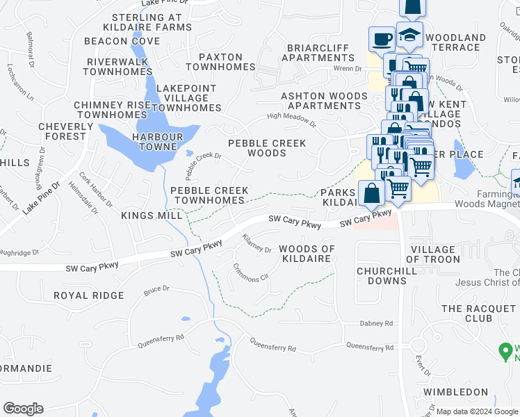 map of restaurants, bars, coffee shops, grocery stores, and more near 110 Carmichael Court in Cary