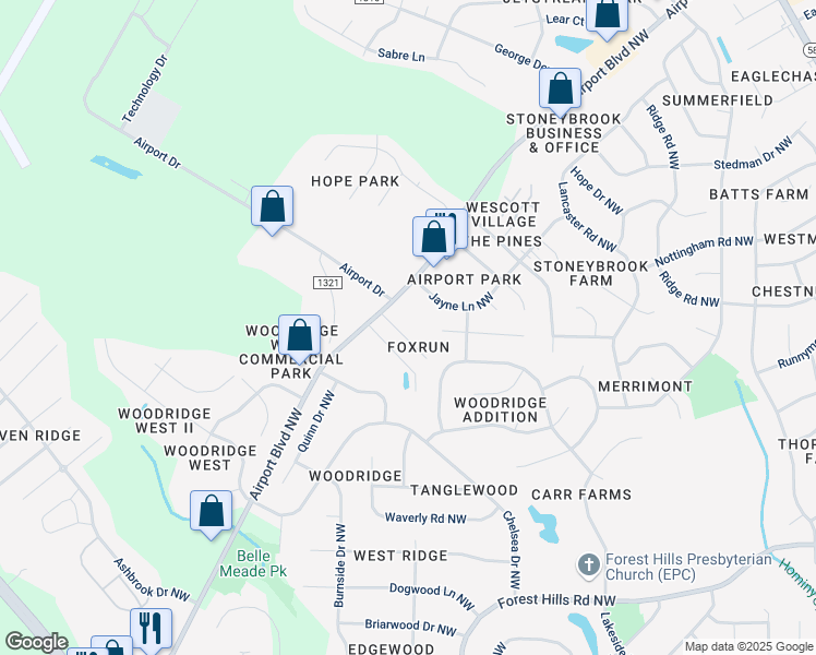 map of restaurants, bars, coffee shops, grocery stores, and more near 3330 Airport Boulevard Northwest in Wilson