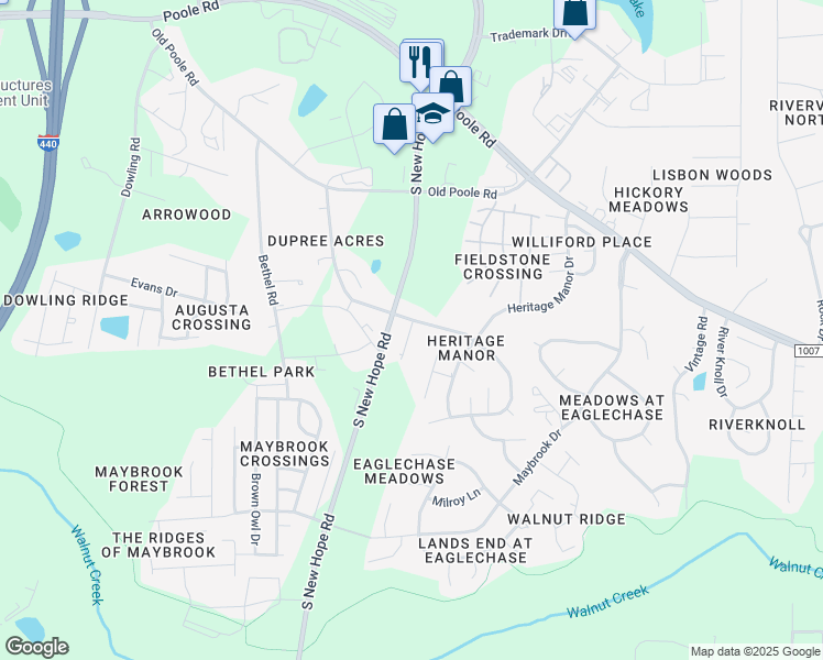 map of restaurants, bars, coffee shops, grocery stores, and more near 1501 Eva Mae Drive in Raleigh