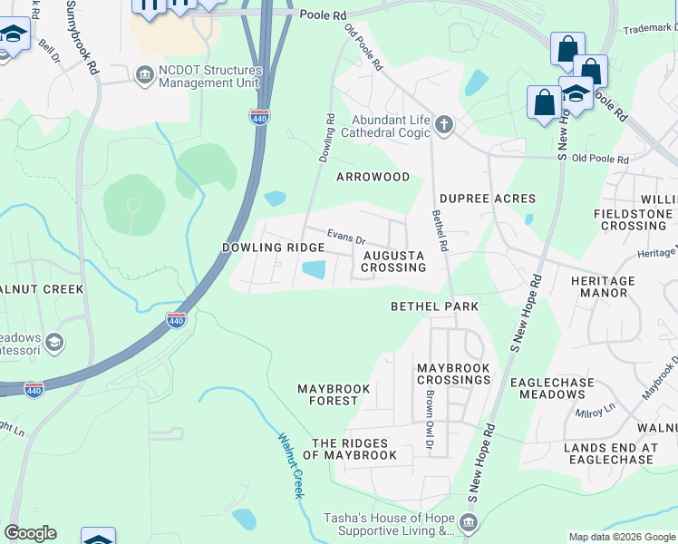 map of restaurants, bars, coffee shops, grocery stores, and more near 3924 Carolina Cherry Drive in Raleigh