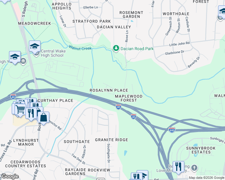 map of restaurants, bars, coffee shops, grocery stores, and more near 2418 Jimmy Carter Way in Raleigh