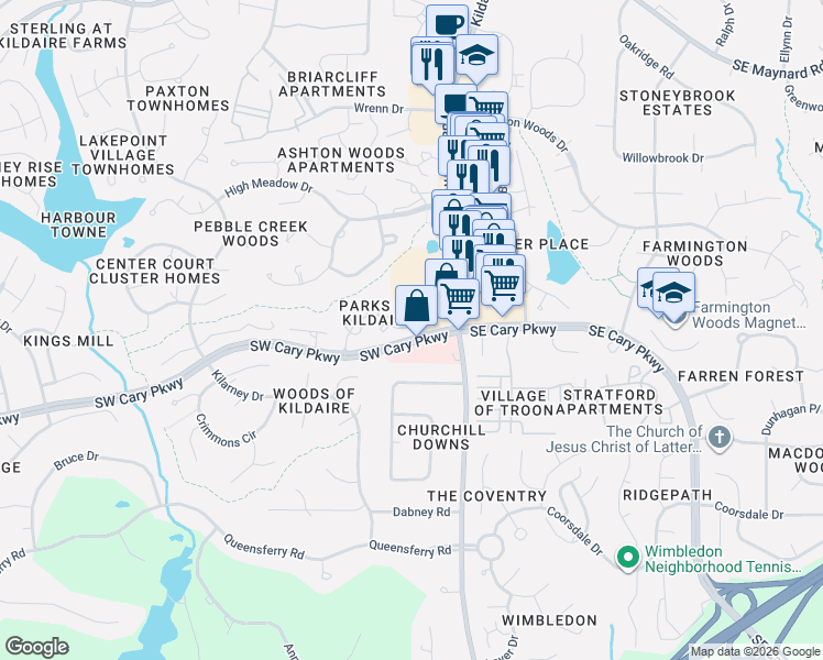 map of restaurants, bars, coffee shops, grocery stores, and more near 217 Clancy Circle in Cary