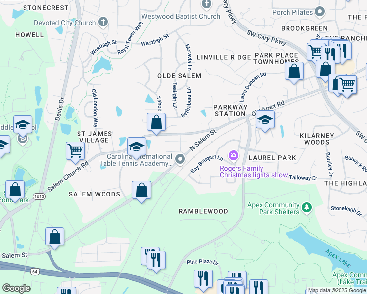 map of restaurants, bars, coffee shops, grocery stores, and more near 816 New Derby Lane in Apex