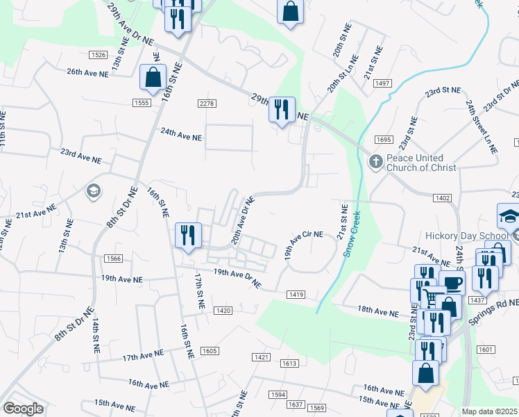map of restaurants, bars, coffee shops, grocery stores, and more near 1850 20th Avenue Drive Northeast in Hickory