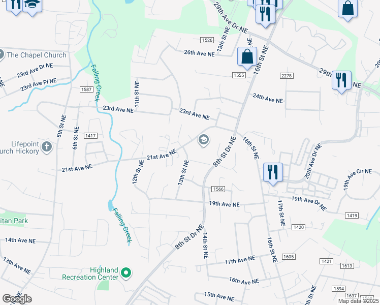 map of restaurants, bars, coffee shops, grocery stores, and more near 2058 13th Street Northeast in Hickory
