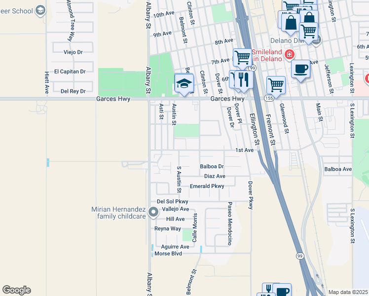 map of restaurants, bars, coffee shops, grocery stores, and more near 200 1st Avenue in Delano