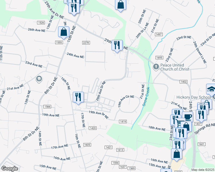 map of restaurants, bars, coffee shops, grocery stores, and more near 1866 20th Avenue Drive Northeast in Hickory