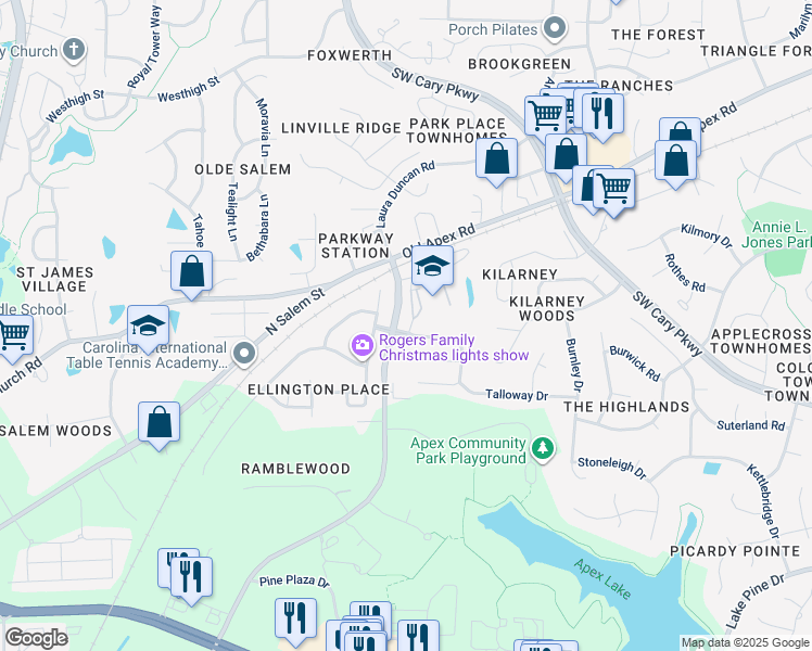 map of restaurants, bars, coffee shops, grocery stores, and more near 1605 Laurel Park Place in Cary