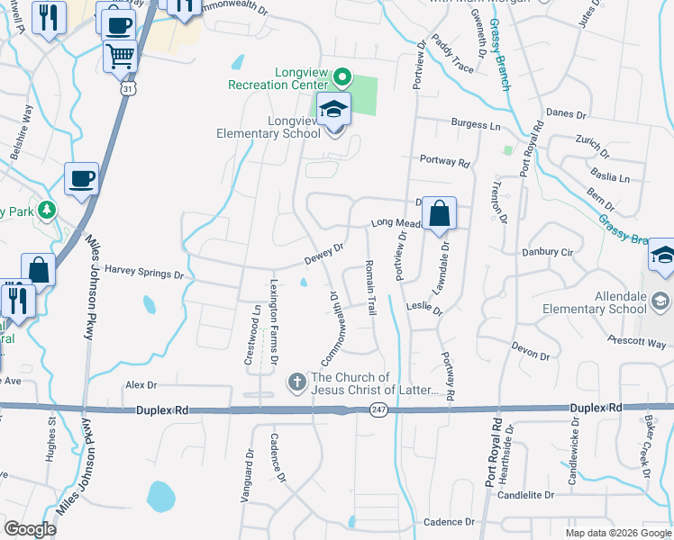 map of restaurants, bars, coffee shops, grocery stores, and more near 2259 Dewey Drive in Spring Hill